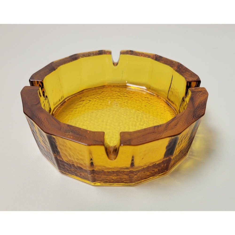 Vintage Blenko Amber Glass Ashtray Mid Century Modern‎ Textured 6" Round